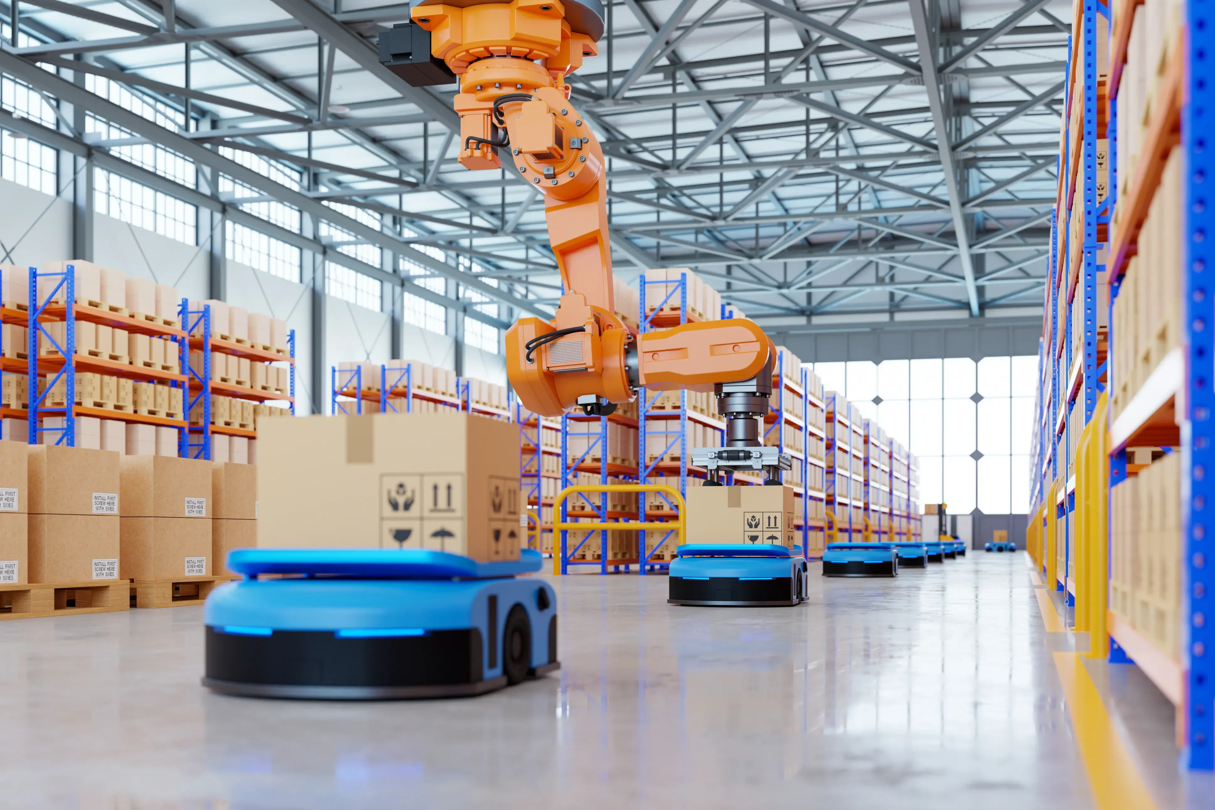 Kabelkonfektion für Großhandel und Vertrieb, Roboter transportieren Kisten in einer Fabrikhalle.